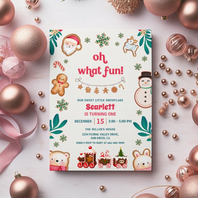 Invitation Oh What Fun Winter Christmas Cookie 1st Birthday  (Oh what fun winter Christmas 1st birthday party invitation)