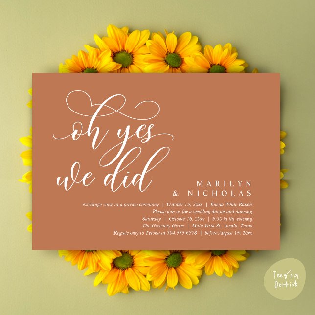 Invitation Oh Yes, We Did, Modern Wedding Dinner and Party (Oh Yes, We Did, Wedding Elopement Dinner Romantic Modern Party Invitation Card PDF Copper Brown)