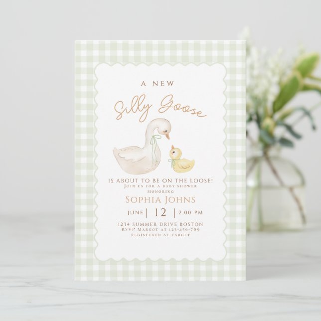 Invitation Oie En vichy Canard Genre Neutra Baby shower (Debout devant)
