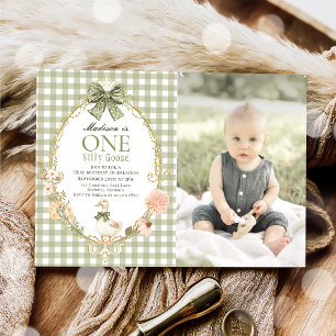 Invitation Oie Ridicule Floral Vert Gingham 1er Anniversaire