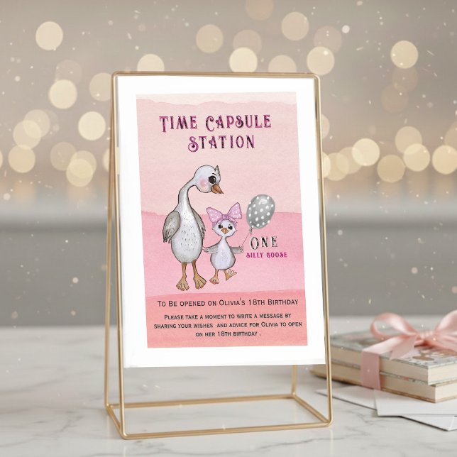 Invitation Oie Ridicule & Nœud Rose | Panneau de la Station d (Silly Goose & Pink Bow | Time Capsule Station Card)