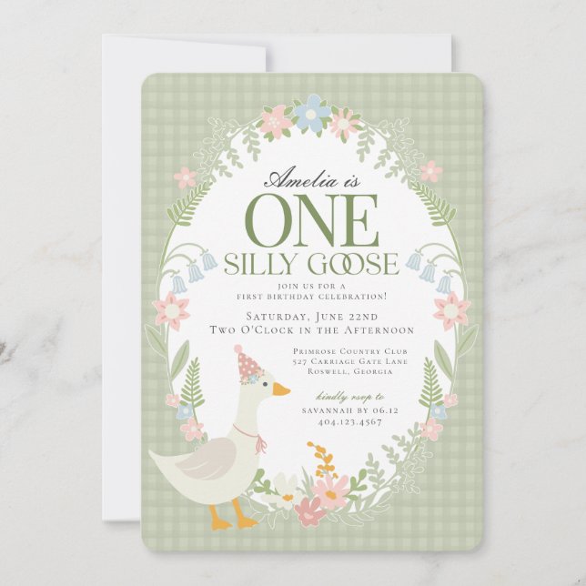 Invitation Oie verte Flore En vichy premier anniversaire (Devant)