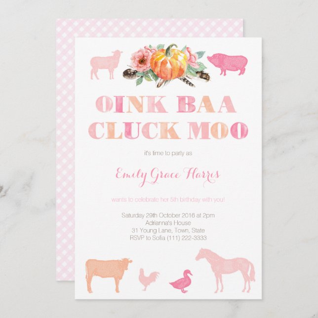 Invitation Oink Baa Cluck Moo, fête d'anniversaire de ferme p (Devant / Derrière)