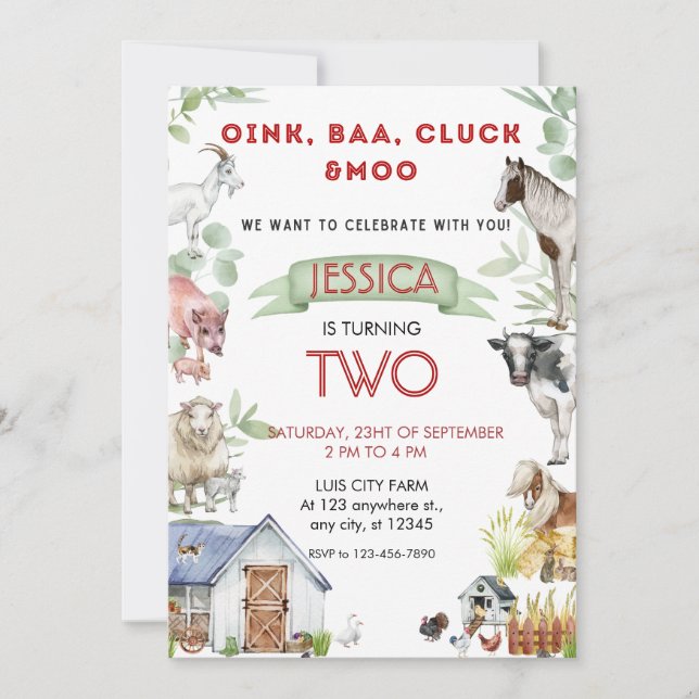 Invitation Oink Baa Moo Cute Animaux de ferme Anniversaire (Devant)
