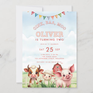 Invitation Oink Baa Moo Cute Farm Animaux 2e anniversaire