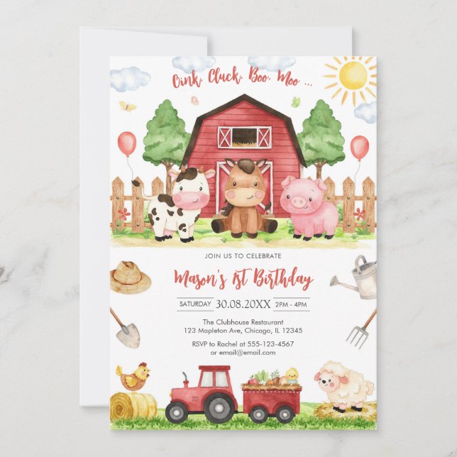 Invitation Oink Baa Quack Moo Farm Animals Birthday (Devant)