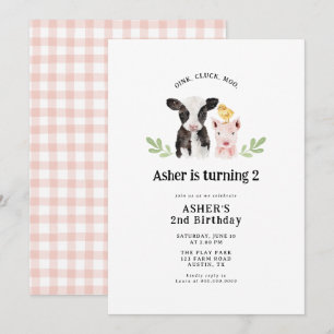 Invitation Oink Cluck Moo Rose En vichy Animaux de ferme Anni