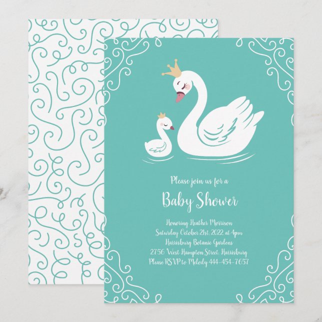 Invitation Oiseau Baby shower cygne avec thème Couronne Turqu (Devant / Derrière)