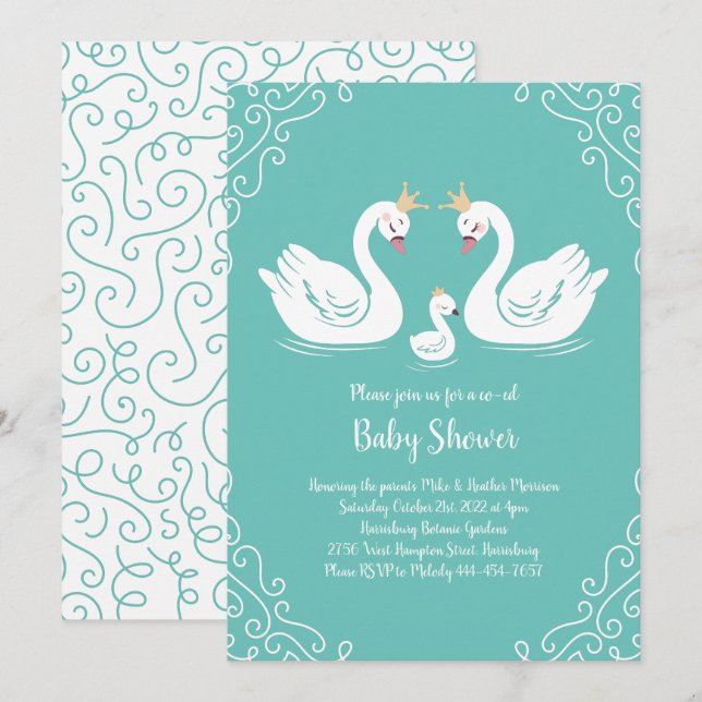 Invitation Oiseau Baby shower de cygnes avec coEd de couronne (Devant / Derrière)