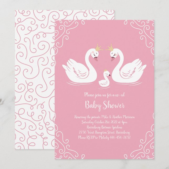 Invitation Oiseau Baby shower de cygnes avec la Couronne Co-E (Devant / Derrière)