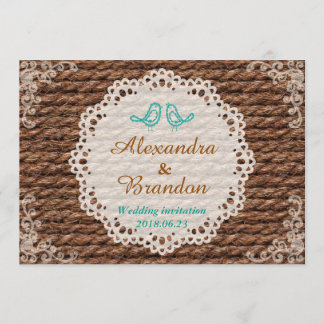 Invitation Oiseau bleu rustique et dentelle ronde sur corde