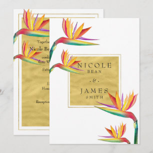 Invitation Oiseau du Paradis Elégant Mariage blanc or