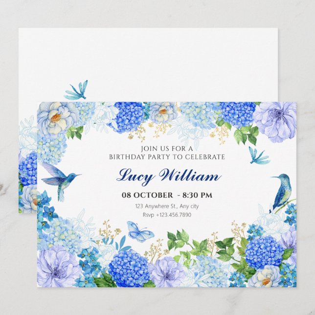 Invitation Oiseau floral bleu élégant anniversaire (Devant / Derrière)