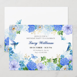 Invitation Oiseau floral bleu élégant anniversaire