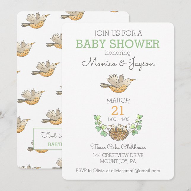 Invitation Oiseau mama le plus doux survolant le Baby shower  (Devant / Derrière)