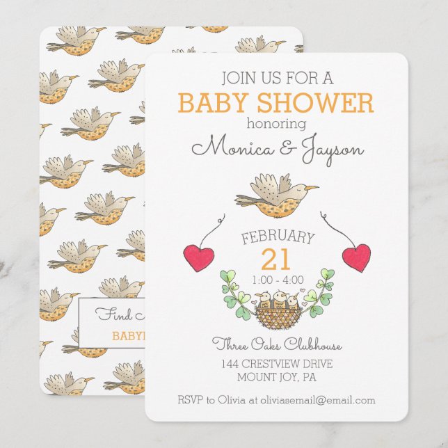 Invitation Oiseau mama le plus doux survolant le Baby shower  (Devant / Derrière)