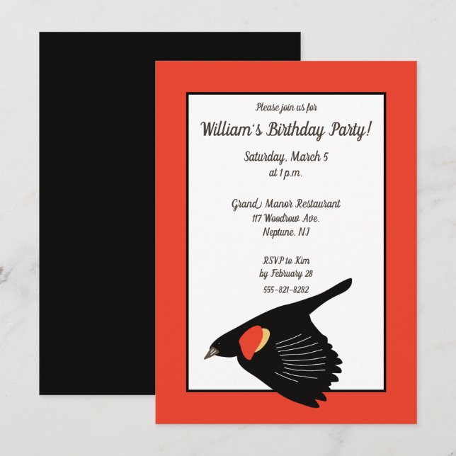 Invitation Oiseau-noir à ailes rouges en vol fête d'anniversa (Devant / Derrière)