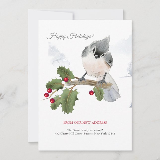 Invitation Oiseau Tufté Sur Berry Branch Holiday Moving Annou (Devant)