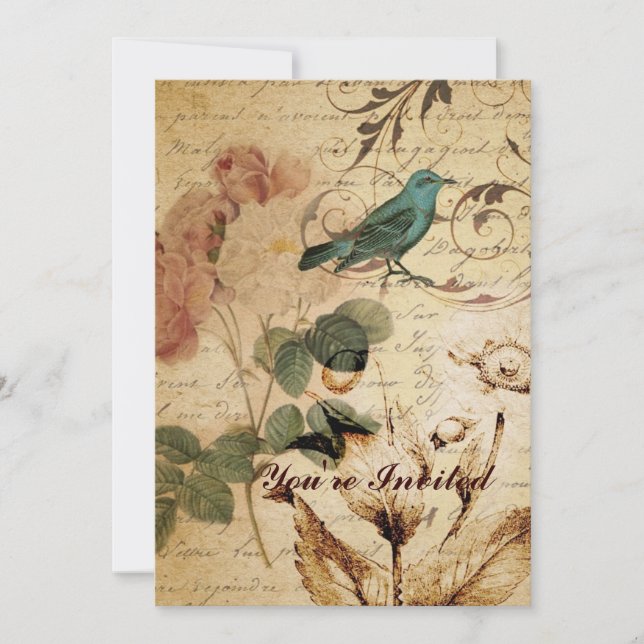 Invitation oiseau victorien Paris Rose botanique français (Devant)