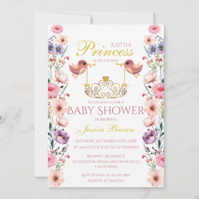 Invitation Oiseaux à thème princier et Baby shower Tiara (Devant)