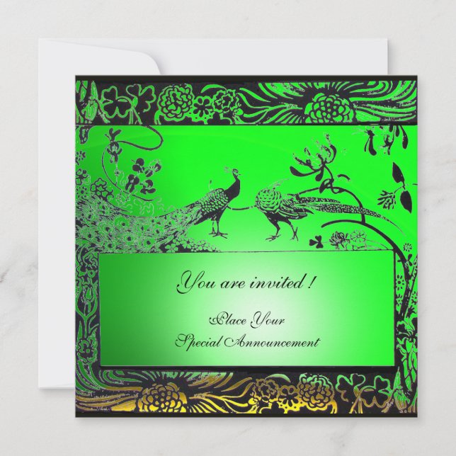 Invitation OISEAUX AMOUREUX DE MARIAGE, noir jaune vert émera (Devant)