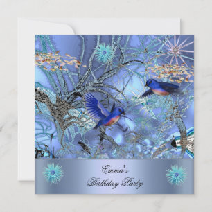 Invitation Oiseaux bleus enchantés de fête d'anniversaire