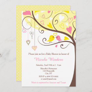 Invitation Oiseaux Coeurs Arbre Baby shower jaune et corail