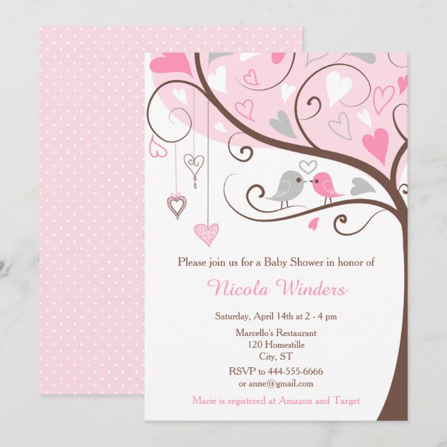 Invitation Oiseaux Coeurs Arbre Baby shower rose (Devant / Derrière)