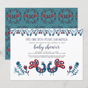 Invitation Oiseaux d'art populaire scandinave BABY SHOWER ble