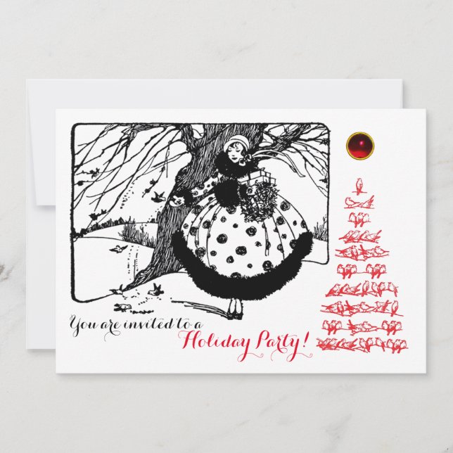 Invitation OISEAUX DE NOËL ARBRE ET DAME BLANC Noir Rouge (Devant)