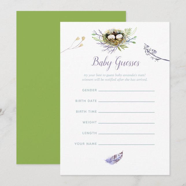 Invitation Oiseaux de verdure Nid Twins Baby shower Baby Gues (Devant / Derrière)