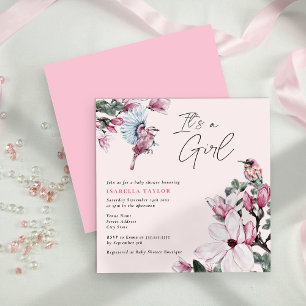 Invitation Oiseaux et Baby shower rose floral fille