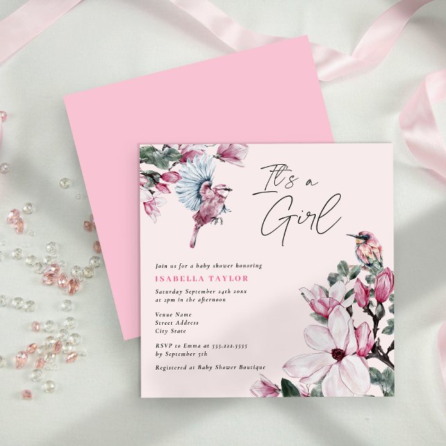 Invitation Oiseaux et Baby shower rose floral fille (Créateur téléchargé)
