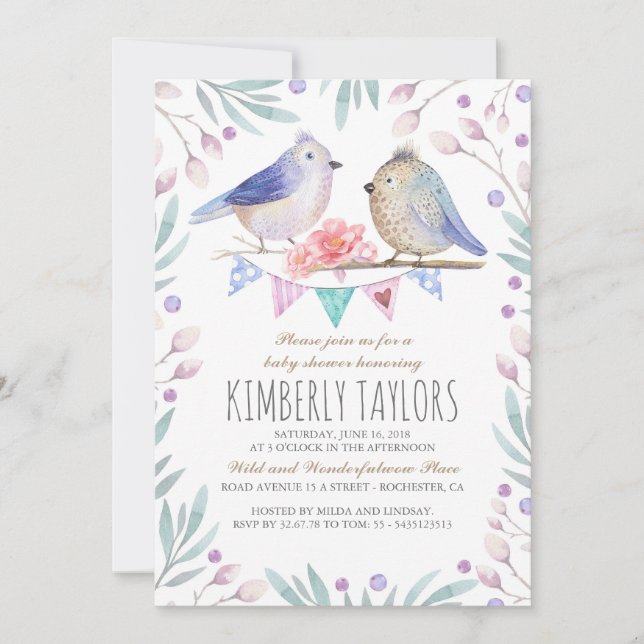 Invitation Oiseaux et fleurs roses Baby shower de bois (Devant)