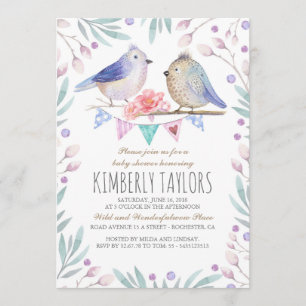 Invitation Oiseaux et fleurs roses Baby shower de bois