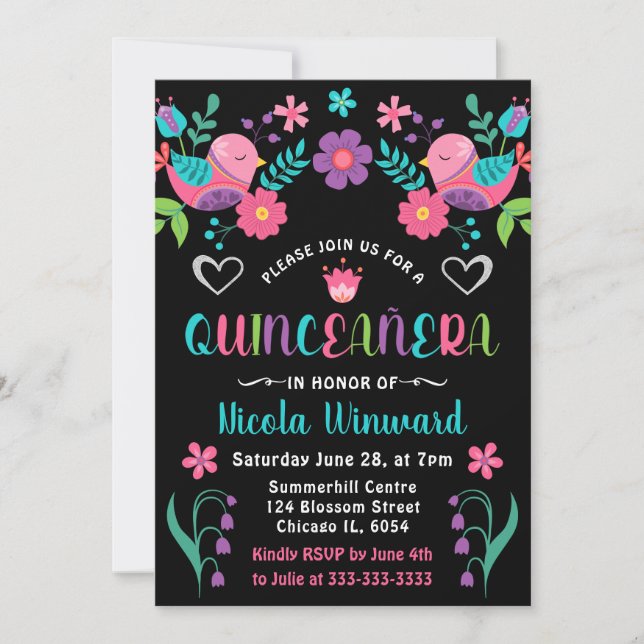 Invitation Oiseaux et florales Fiesta Quinceañera mexicaine (Devant)