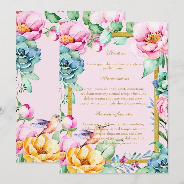 Invitation Oiseaux Exotiques - Cadres Dorés et Fleurs Directi (Devant / Derrière)