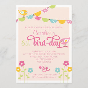 Invitation Oiseaux Fleurs et bannières Fille Fête d'anniversa