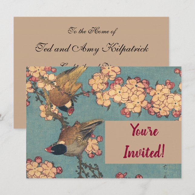Invitation Oiseaux Fleurs Hokusai Art Japonais (Devant / Derrière)