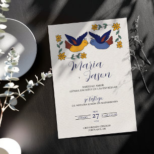 Invitation Oiseaux Floral Bleu Jaune Charmant Mariage Espagno