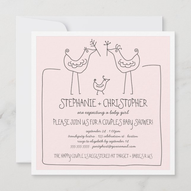 Invitation Oiseaux funky Famille moderne Couples Baby shower  (Devant)