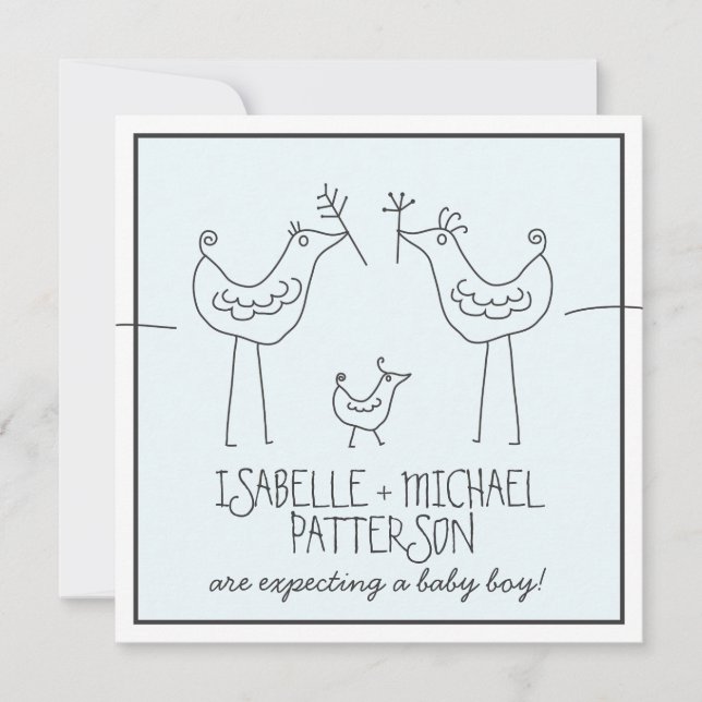 Invitation Oiseaux funky Famille moderne Couples bébé Garçon  (Devant)