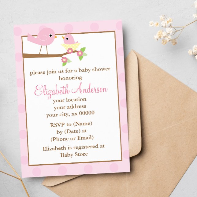 Invitation Oiseaux roses dans un Baby shower de fille nid (Créateur téléchargé)