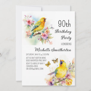 Invitation Oiseaux vintage Canaris Fleurs 90e Anniversaire