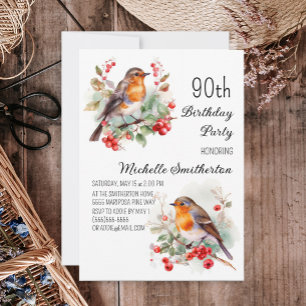 Invitation Oiseaux Vintage Robin Rouge 90e Anniversaire
