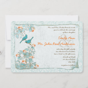 Invitation Oiseaux Vintage Turquoise et Orange Damassé Mariag