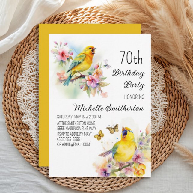 Invitation Oiseaux vintages Canaries Fleurs 70e anniversaire (Yellow canary women's 70th birthday party invitation)