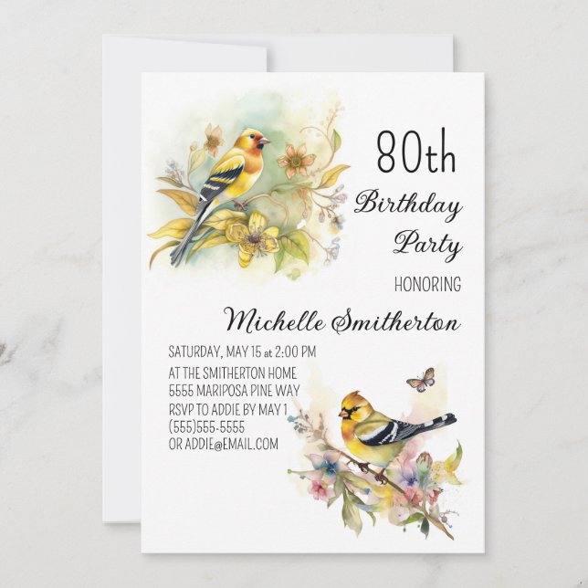 Invitation Oiseaux vintages Goldfinch Jaune 80e anniversaire (Devant)