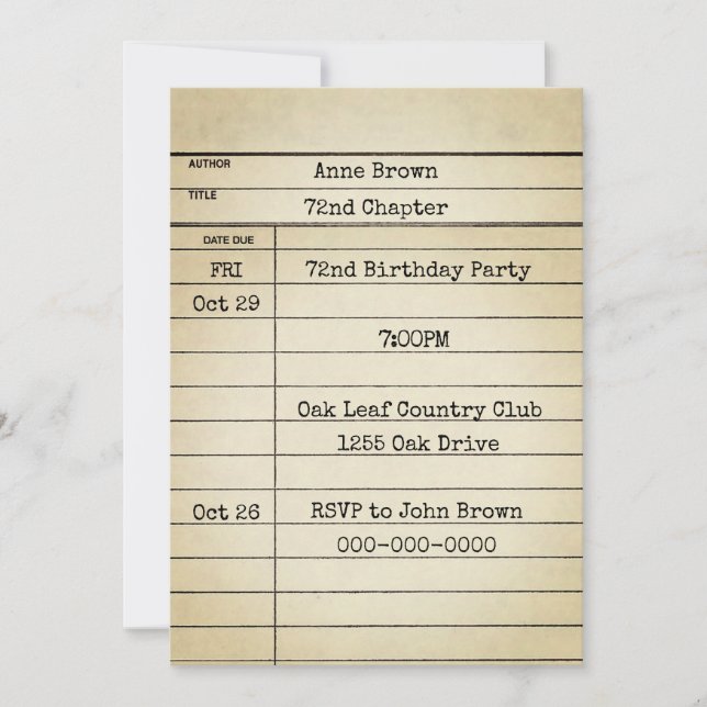 Invitation Old Library Card 72e fête d'anniversaire (Devant)
