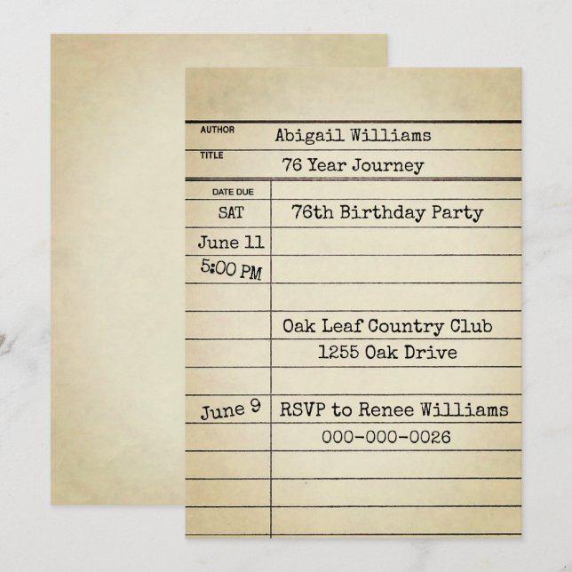 Invitation Old Library Card 76th Birthday Party (Devant / Derrière)